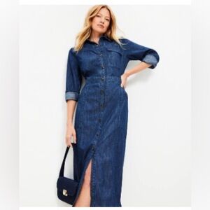 Loft Chambray Midi Pocket Shirtdress Denim Size 10 petite